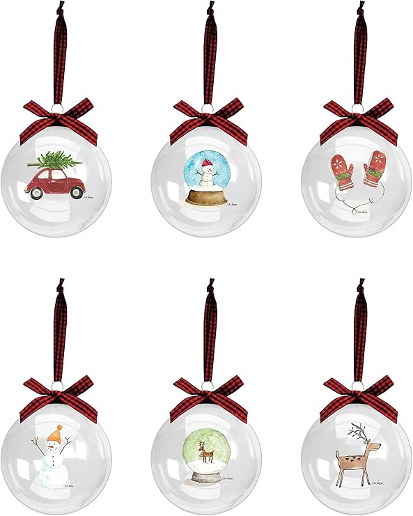 Rae Dunn Christmas Ornaments - Set of 6 Glass Balls - 60mm / 2.36 Inch Hanging Holiday Decorations for Xmas Tree (Clear)