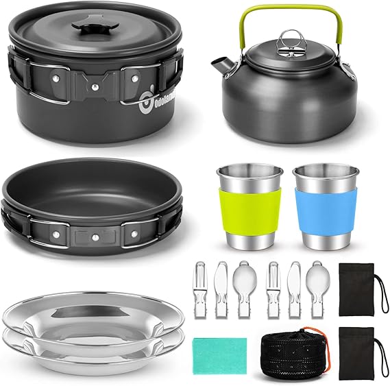 Odoland 15pcs Camping Cookware Mess Kit, Lightweight Pot Pan Kettle Set