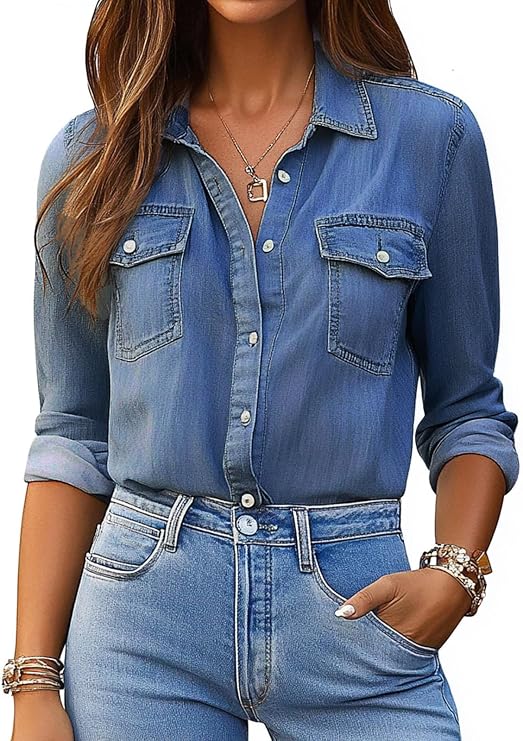 CaniBtr Denim Shirt Women Button Down Long Sleeve Western Chambray Jean Top