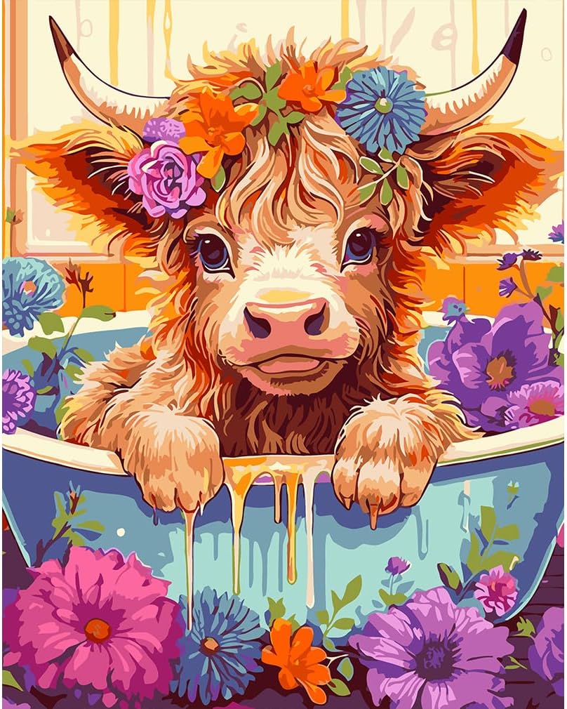 tigdtiu Cow Paint by Numbers for Adults- Highland Cow Flower Paint by Numbers for Adults Beginners, Acrylic Simple Paint by Number Canvas for Decoration 16x20 in