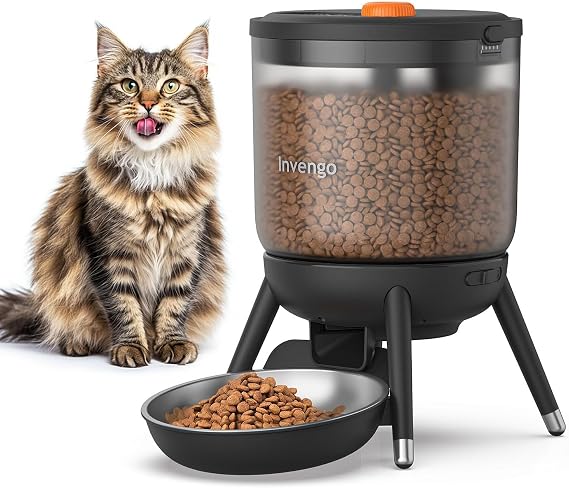 Invengo Automatic Cat Feeder with Timed Food Dispenser, One-Touch Feeding, Dual Power Supply, Anti-Bug Design, Visible 3L Hopper Automatic Pet Feeder for Cats and Small Dogs