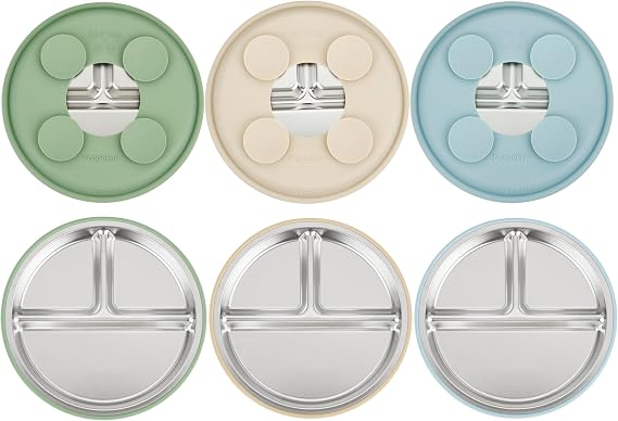 PandaEar 3 Pack Stainless Steel Baby Suction Plates, Divided Toddler Plate for Baby Led Weaning Supplies, Non-Slip Toddler Baby Feeding Set Dishwasher Safe (Blue/Green/Brown)