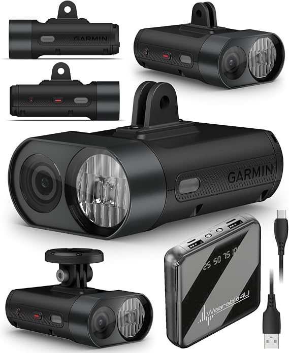 Garmin Varia Vue, Cycling Headlight and 4k Camera, Light Intensity up to 600 Lumens, Auto Brightness, Crystal-Clear Video Recording, Incident Detection While Cycling with Wearable4U PowerBank Bundle