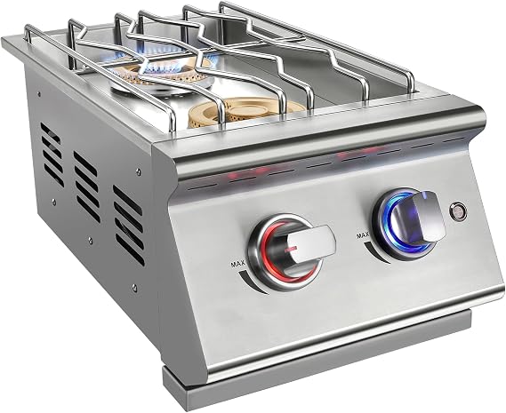 Double Grilling Side Burners for Outdoor Kitchen, 2 * 17,000BTU Liquid Propane Burners, Convertible to Natural Gas, Duty Heavy 304 Stainless Steel, Built-in Side Burner for BBQ Island Grill