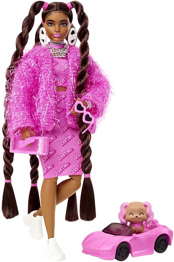Barbie Extra Doll & Accessories with Long Brunette Styled Hair in Pink 2-Piece Outfit with Sparkly Jacket & Pet Puppy