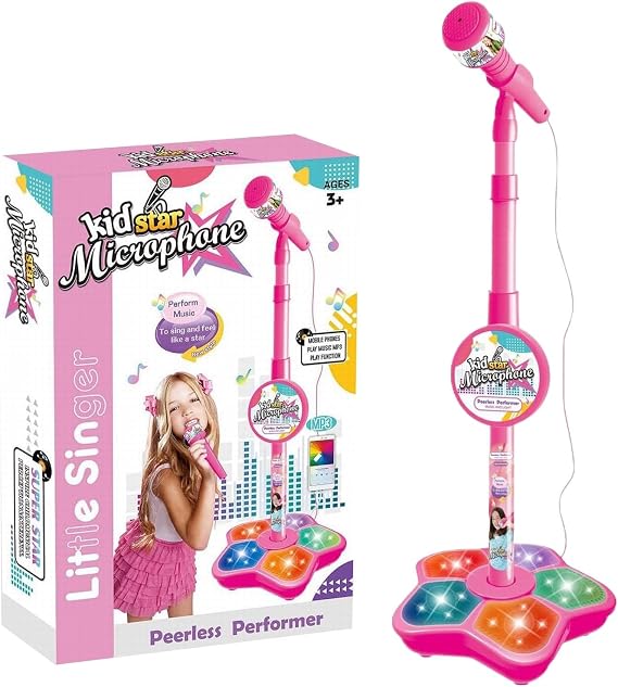 2026 New Kids Microphone with Stand, All in One Microphone Toy for Birthday Parties Singing, Portable Karaoke Machine for Singing, Music Play for Kids (Pink)