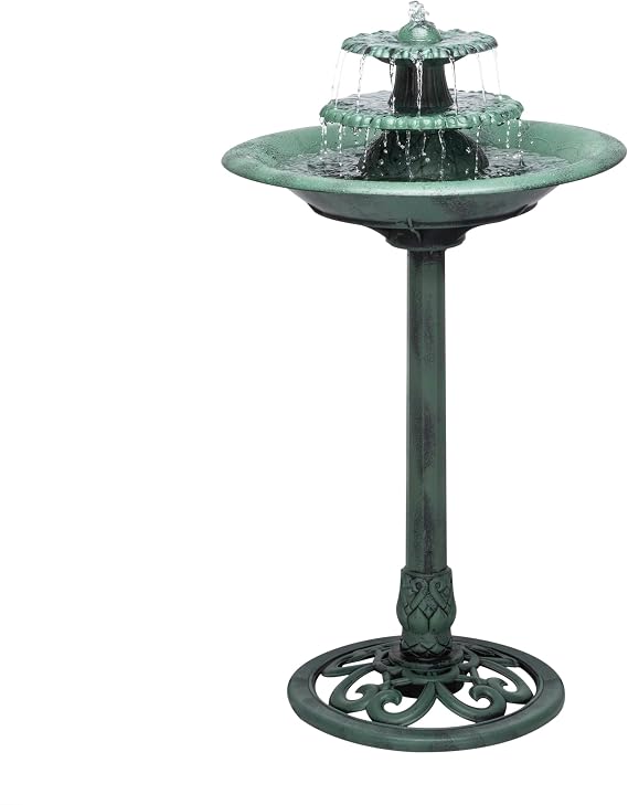 Alpine Corporation 35" Tall 3-Tier Outdoor Pedestal Water Fountain Durable Resin Cascading Water Feature and Birdbath for Garden, Patio, Deck, and Backyard, Green