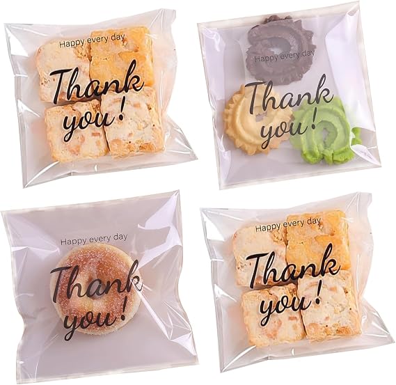 200PCS Self Adhesive Cookie Bags, 5.9x5.9 inch Thank You Printed Treat Bags, Cookie Bakery Decorating favor bags, DIY Plastic Individual Biscuit Candy Bags