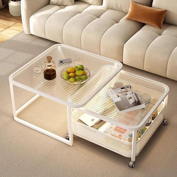 LED Nesting Coffee Table Set of 2, Square End Table Side, Modern Luxury Sofa Center Couch Tablw, Tea Eating Accent Table for Living Room Bedroom Home Office(White,50+60CM/19.6+23.6IN)