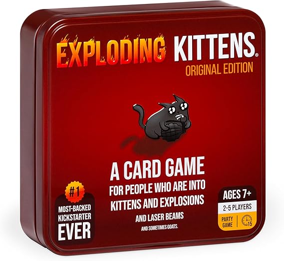 Exploding Kittens Original Collectible Tin, 2-5 Players, Ages 7+ | Draw cards, betray friends, and try not to explode! The quick-to-learn family card game in a sturdy collectible travel tin.