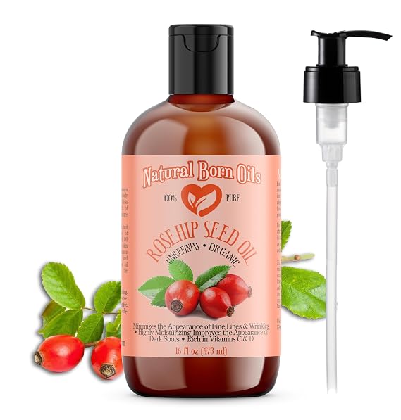 Natural Born Oils Rosehip Seed Oil, 16oz, Organic, Cold-Pressed, Nutrient-Rich, Excellent for Radiant Skin, Lustrous Hair