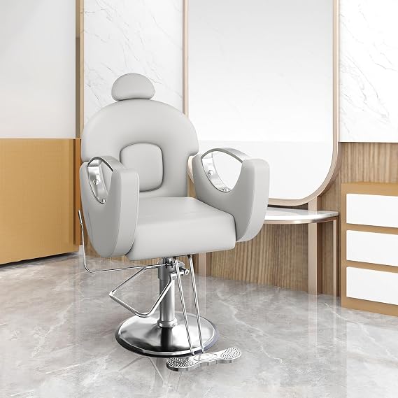 360Swivel Barber Chair, Reclining Barber Salon Chair with Heavy Duty Hydraulic Pump for Spa Shampoo Hair Stylist Barbershop Home, Grey & Silver
