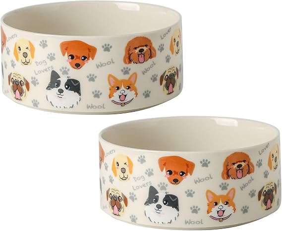 Ceramic Dog Bowls Set of 2, Pet Dogs Food Water Bowl with Cute Pattern, 5.1 inch Dog Dishes for Middle and Small Size Dogs, White