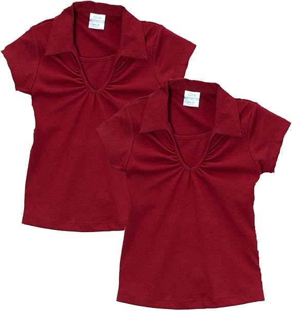 unik Girl's Uniform V-Neck Collar Shirt Short Sleeve Great for School Burgundy Navy White Sky Blue Green Purple Yellow Red
