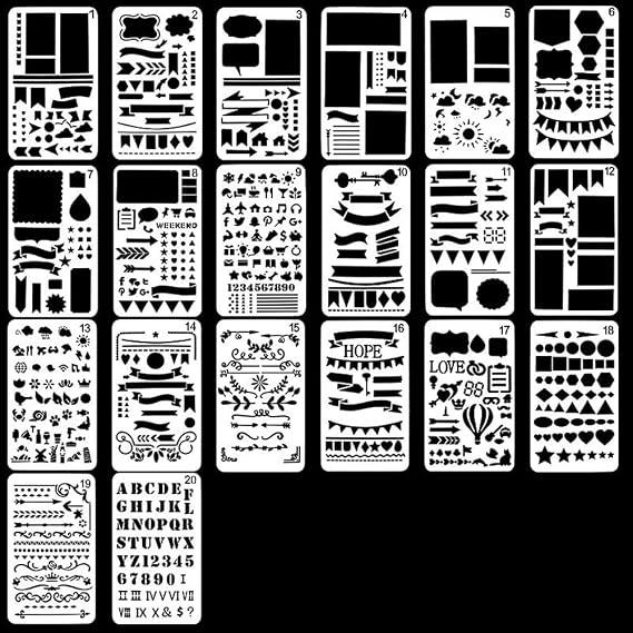 20PCS Plastic Journal Stencils Set for Notebook Diary Scrapbook DIY Drawing Card Template