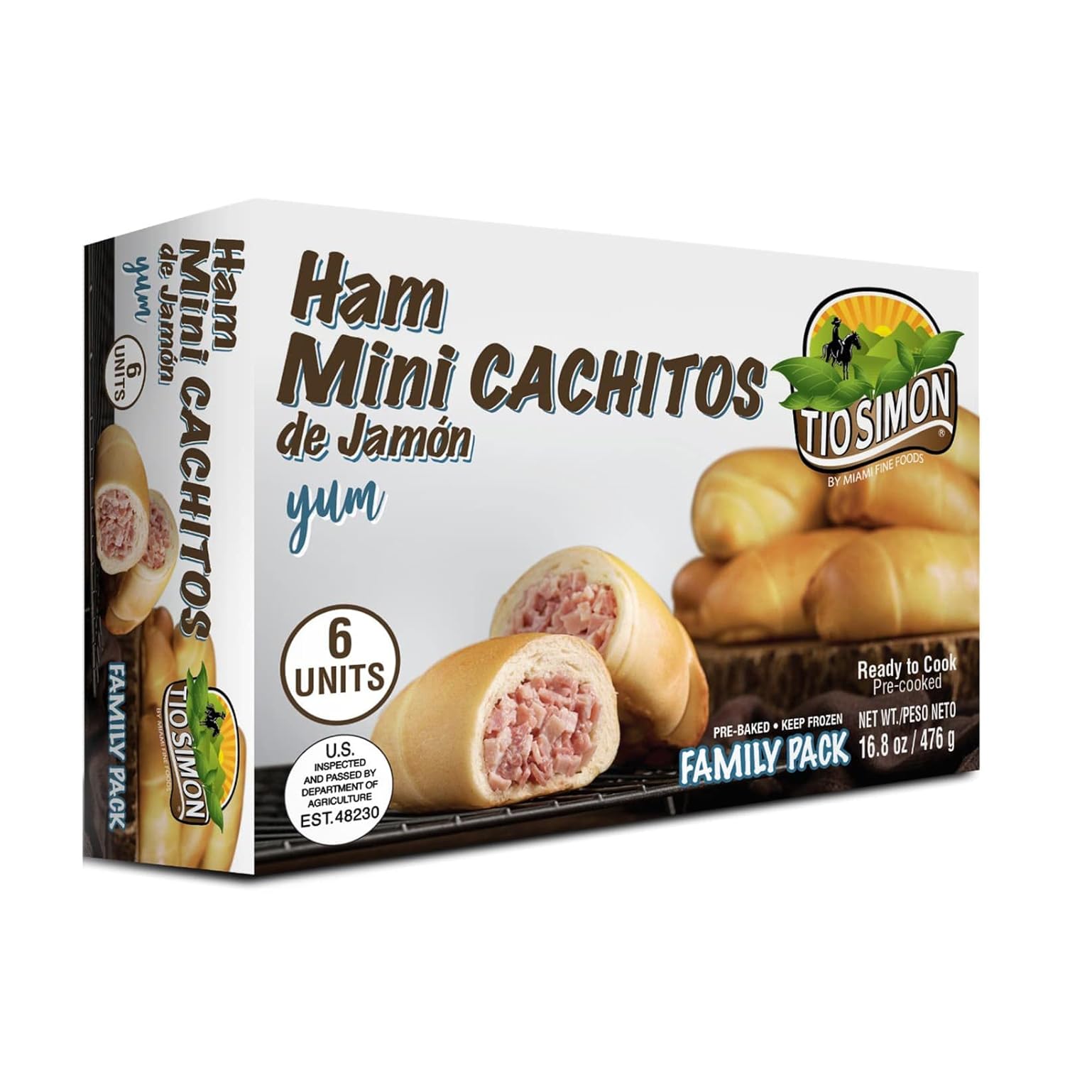 Tio Simon Ham Filled Pre-Cooked Mini Cachitos - Latin-American Food for Breakfast and Snacks; 6 Units per Pack 16.8 Ounces or 476 Grams