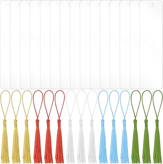 15 Pcs Multicolor Tassel Acrylic Bookmarks, Transparent Clear Bookmarks with Hole, for Adult DIY Projects & Presents