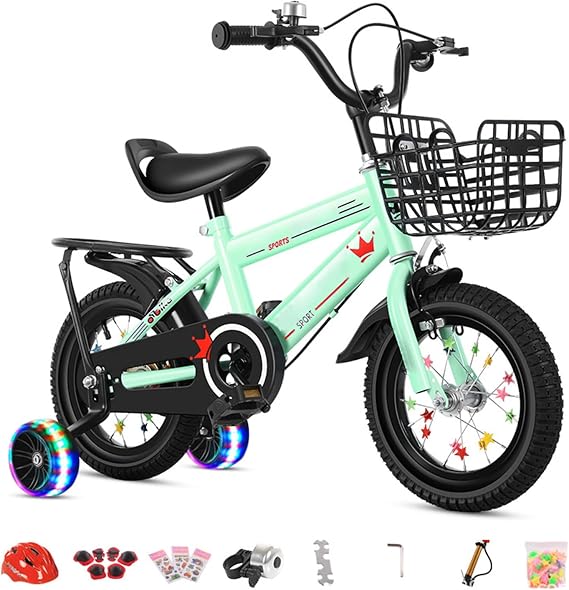 Glenmi Kids Bike for 2-9 Years Boys & Girls,Balance Bike 2 in 1 with Pedals Brake Training Wheels,Kids Bicycle with Basket & Fenders, Beginner Bike Kids Cycle Adjustable Seat(Green,130cm)
