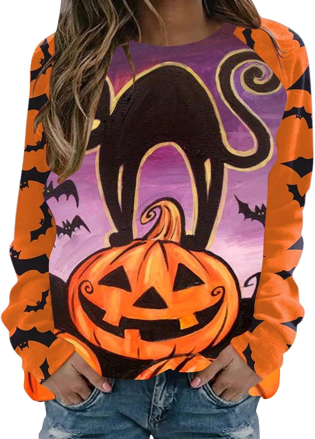 Womens Halloween Sweatshirt Casual Long Sleeve Crew Neck Cute Cat Pumpkin Print Pullover Relaxed Fit Shirt Tops