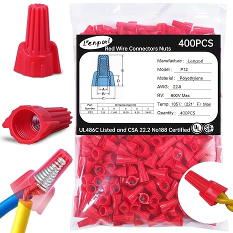 Lenporl 400PCS Red Wire Nuts Connectors P12 Twist Wire Caps Electrical Wire Connectors, Winged Springs Screw Terminals Wire Nuts Tan Assortment Kit for Wire Connection