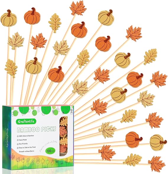 100pcs Pumpkin Maple Leaf Cocktail Sticks Long Food Toothpicks Fruit Picks Sandwich Appetizer Charcuterie Skewers, Made of Bamboo Wood, for Halloween Autumn Theme Party Decoration Supplies