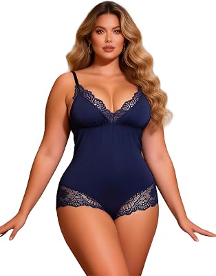 ohmydear Womens Lace V-Neck Modal Nightwear Onesies Camisole Pajamas One Piece Jumpsuit Pjs Soft Sleepwear