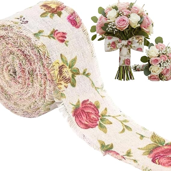 Rose Printed Burlap Ribbon for Flower Bouquet, Fabric Ribbon for Gift Wrapping, Jute Ribbon for DIY Decoration, 32.8ft Long x 2.0in Wide