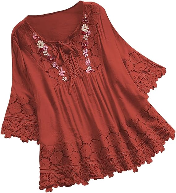 Women Cotton Linen Embroidered Tops Loose Fit Tunic 3/4 Sleeve Summer Blouse Shirts Boho Peasant Trendy Clothes 2024