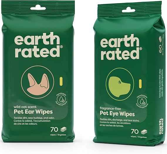 Earth Rated Dog Ear Wipes & Dog Eye Wipes Bundle - Includes 70 Hypoallergenic Ear Wipes & 70 Hypoallergenic Eye Wipes