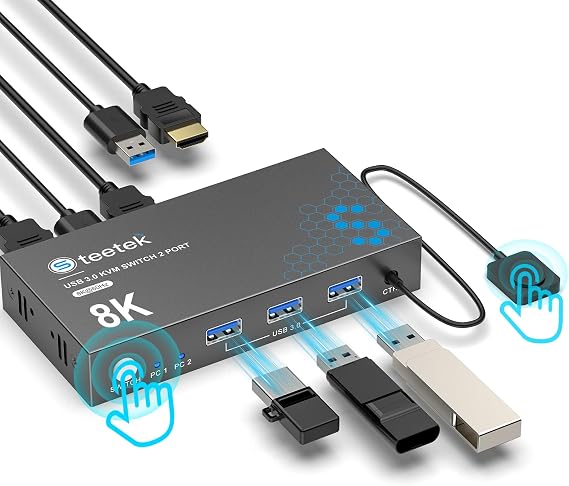 Hearvo HDMI KVM Switch 1 Monitor 2 Computers, 8K@60Hz KVM Switches for 2 Computers Sharing Monitor Keyboard Mouse Hard Drives Printer,with EDID Adaptive,2*USB Cable and Controller., Black