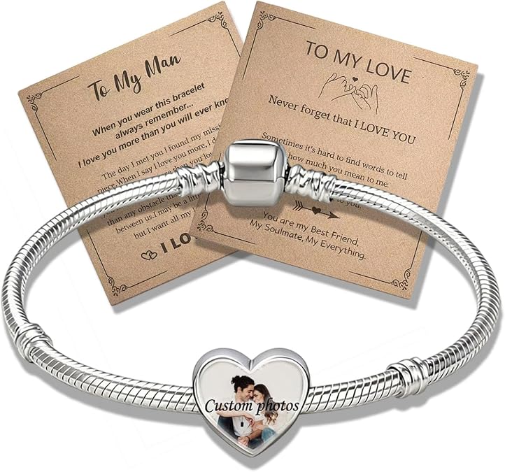 Personalized Picture Bracelet for Women Custom Photo Charm Heart Pendant Jewelry, Engravable Name Date Stainless Steel Chain, Customizable Gifts for