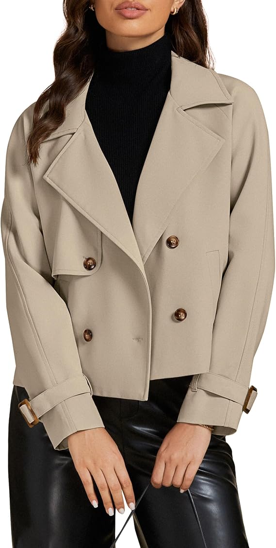 luvamia Cropped Trench Coat for Women Long Sleeve Double Breasted Notched Lapel Casual Loose Fit Jackets with Pockets