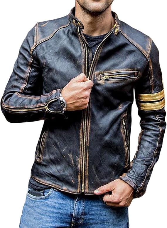 Mens Brown Cafe Racer Leather Motorcyle Riding Jacket with Armor Padding & Golden Stripe