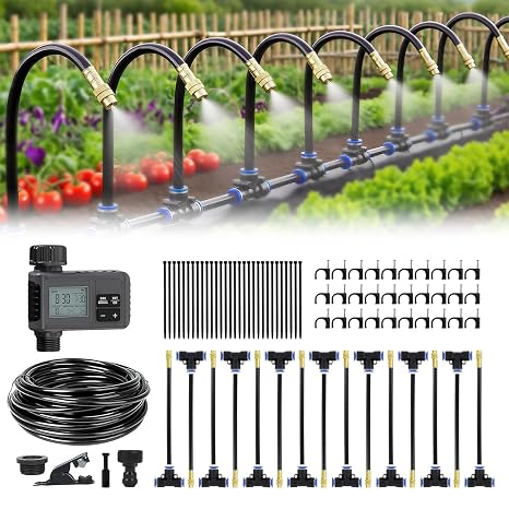 50FT Drip Irrigation System,Everything You Need for Patio & Garden Watering 15 Nozzles, Easy-Set Timer, and 5/16 Inch Hose for Greenhouse or Lawn Care