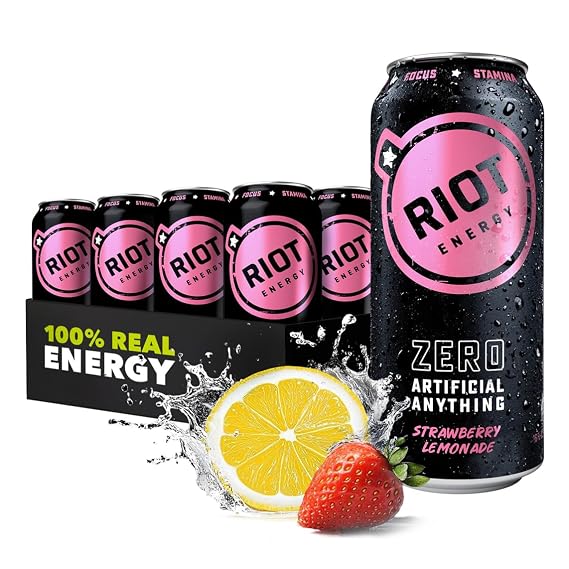 RIOT Clean Energy Drink 16 Fl Oz (Pack of 12) (Strawberry Lemonade)