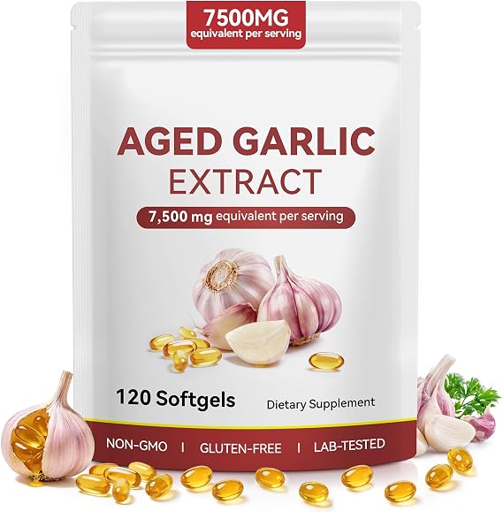 Odourless Aged Garlic Extract Capsules, 7500mg Garlic Supplement Softgels Support Health, Antioxidant & Immune, Gluten-Free, Non-GMO