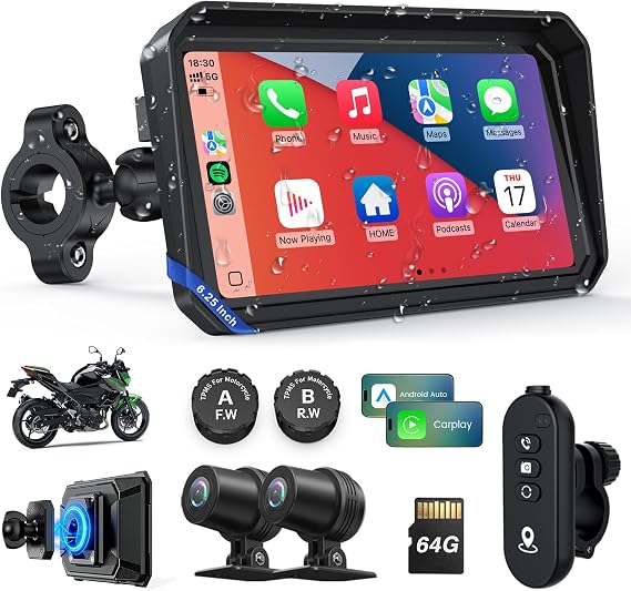 WonVon Motorcycle CarPlay Screen with Android Auto 6.25 Waterproof GPS Pantalla para Moto Apple CarPlay Navigation System for Motorcycle, Dual 2K Dash Cam Bluetooth Audio & TPMS with Magnetic Mount