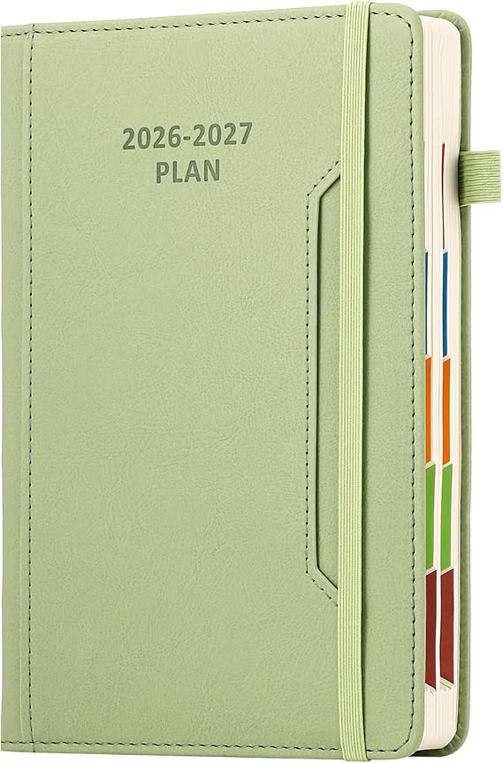 Academic Diary Year 2026-27 A5 Page A Day,Mid Year Academic Planner Jul 2026 to Jun 2027,Hardcover Agenda with Pen Holder, Front Pocket,Colorful Monthly Tab,Elastic Closure (Green)