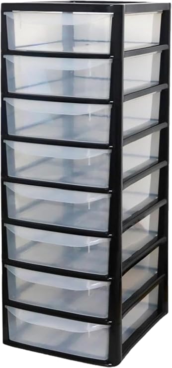 Slim Storage Drawers Tower Unit Office Desktop Tabletop Home School Garage Portable Desk Organizer 2|3|4|6|8 Tiers - A4 Plastic Small Black/Clear