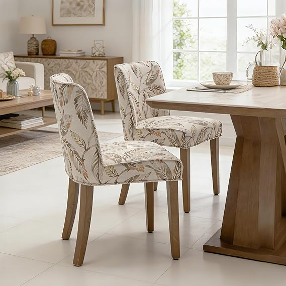 Upholstered Parsons Chair Set of 2, Linen Fabric Floral Patterned Dining Chairs with Walnut Wood Leg Cushioned Back Modern Rustic Side Chairs for Living Room/Kitchen/Dining/Restaurant