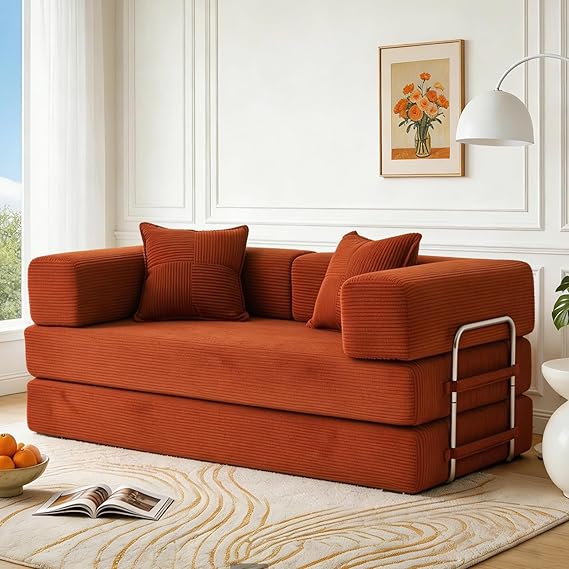 Vipbear Premium Ergonomic 63" L Convertible Versatile 5-in-1 Home Living Room Sofa with Boneless Armrest & Springs Inside, Orange