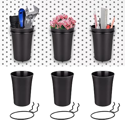 LIGHT DUST 6 Pack Pegboard Cups with Loops, Peg Board Organizer Accessories Cup Holder for Organizing, Black Peg Bins Parts for Garage Workbench Hobby Craft Room Office Tool Shed Home Kitchen