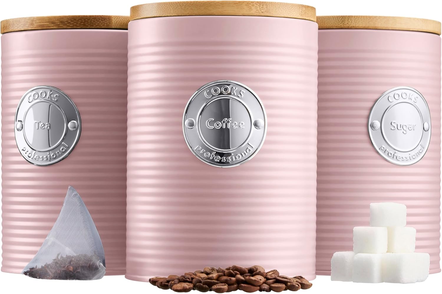 Cooks Professional 3 Piece Ribbed Tea, Coffee, Sugar Cannisters with Air-Tight Bamboo Lids | Stainless Steel Kitchen Storage Bin Set | Modern & Stylish | Pink & Silver