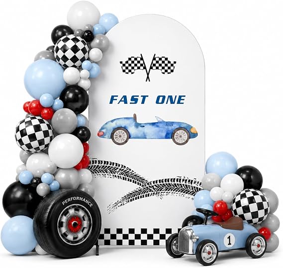 Arch Backdrop Cover for Fast ONE Racing Car Birthday Party Arch Spandex Fabric Cover Checkered Tire Track Car Kids Boys Baby Shower Parties Decors (4374,2.6x6ft)