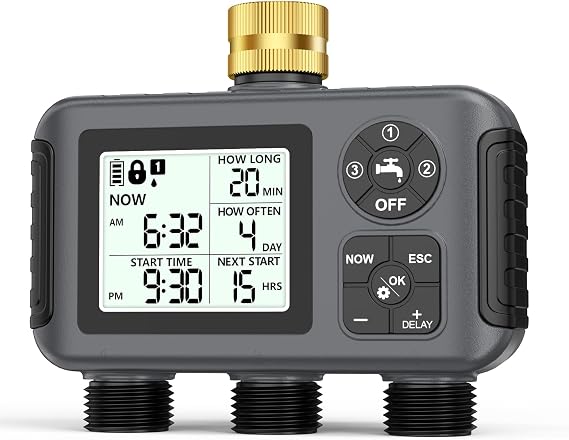 Insoma Water Timer with Brass Inlet, 3 Independent Zones Outdoor Hose Timer for Garden Faucet with Auto/Manual/Rain Delay Mode, IPX5 Waterproof, Sprinkler Irrigation Controller for Yard Lawn