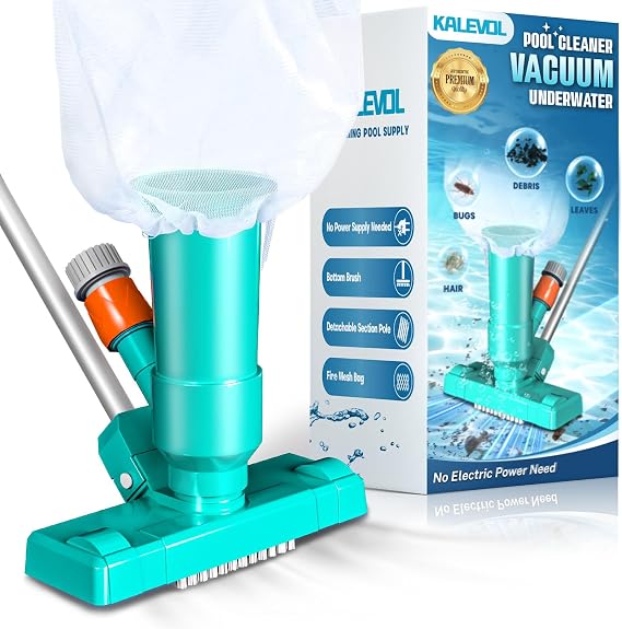 Pool Vacuum Cleaner for Above Ground Pool, Jet Underwater Cleaner with 3 Scrub Brushes & Nylon Mesh Net, Portable Pool Vacuum for Spa Fountain Pond Hot Tub Includes 47" Telescopic Pole, Green