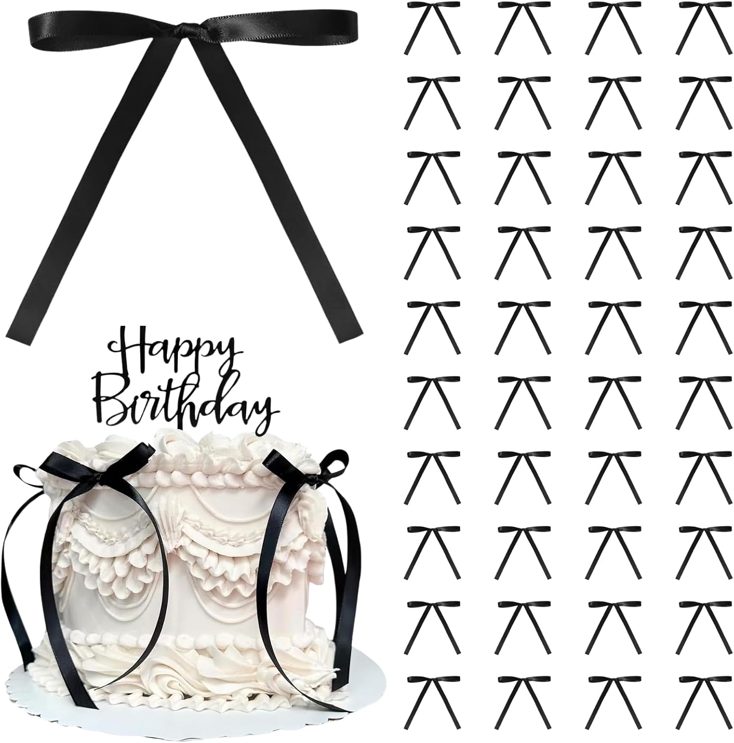 40 Pcs Black Cake Decorations, Bow tie Cake Topper Decorations, Baby Shower Cake Decorations for Kids Girls Women Birthday Wedding Party Cake Decoration Supplies Black