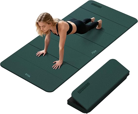 Foldable Yoga Mat Thick 10mm-WUWAN Extra Large Exercise Mat, TPE Material, Non-Slip Fitness Folding Mat Easy to Carry, Suitable for Home Workout Travel Pilates (75" x40",2/5") (Blue)