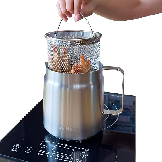 Saltlas 304 Stainless Steel Deep Fryer Pot with Basket and Oil Strainer, Double Bottom for Even Heating, Bacon Grease Container for Kitchen and Camping, Japanese Tempura Fryer, 2L (2Qt/68oz)