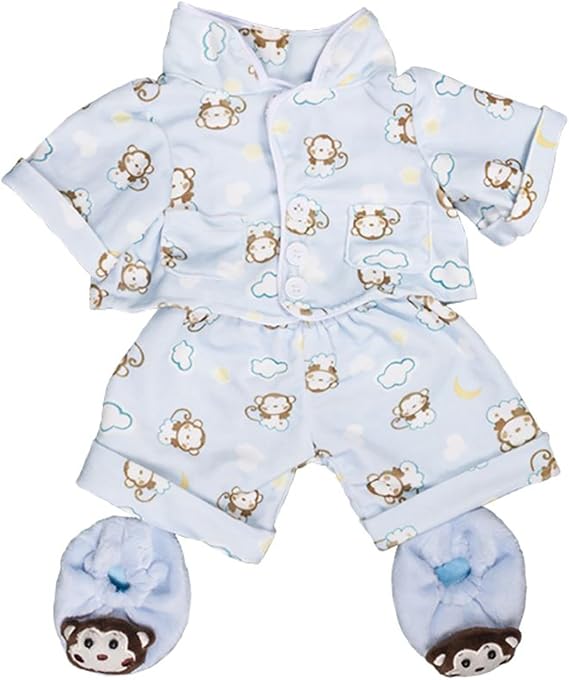 Blue Monkey Pajama Set: Cozy Blue Monkey Pajamas with Matching Slippers; Designed to fit Most 8"-10" Stuffed Animals; Playful Sleepwear for Bedtime, Lounging, Dress-up Play, and Gift Giving